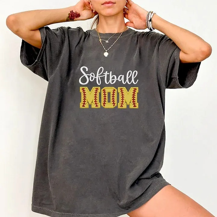 Softball DAD or MOM Applique Embroidery Personalized Washed T-Shirt