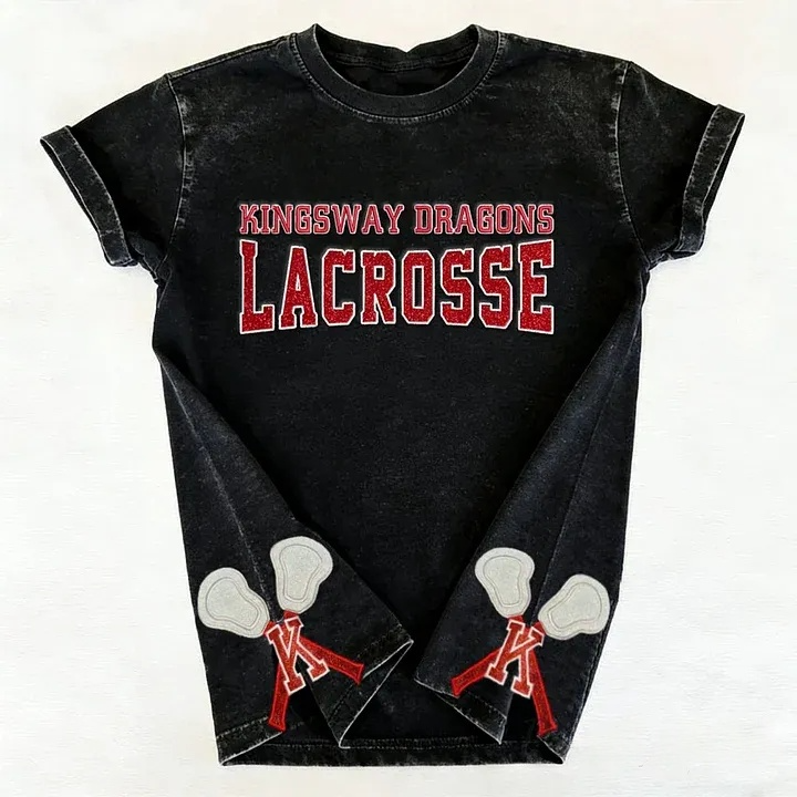Custom Glitter Embroidered Lacrosse Washed T-shirt with School Name Team Spirit Shirt