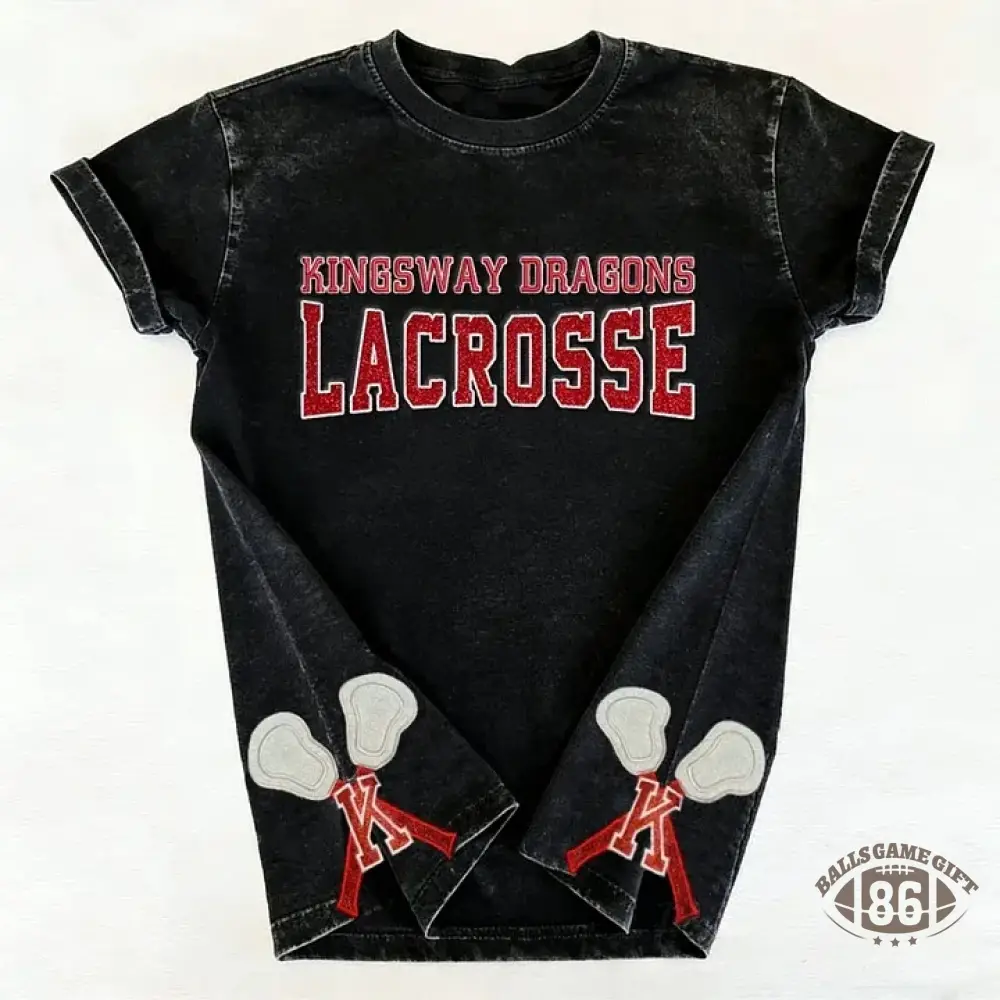 Custom Glitter Embroidered Lacrosse Washed T-shirt with School Name Team Spirit Shirt
