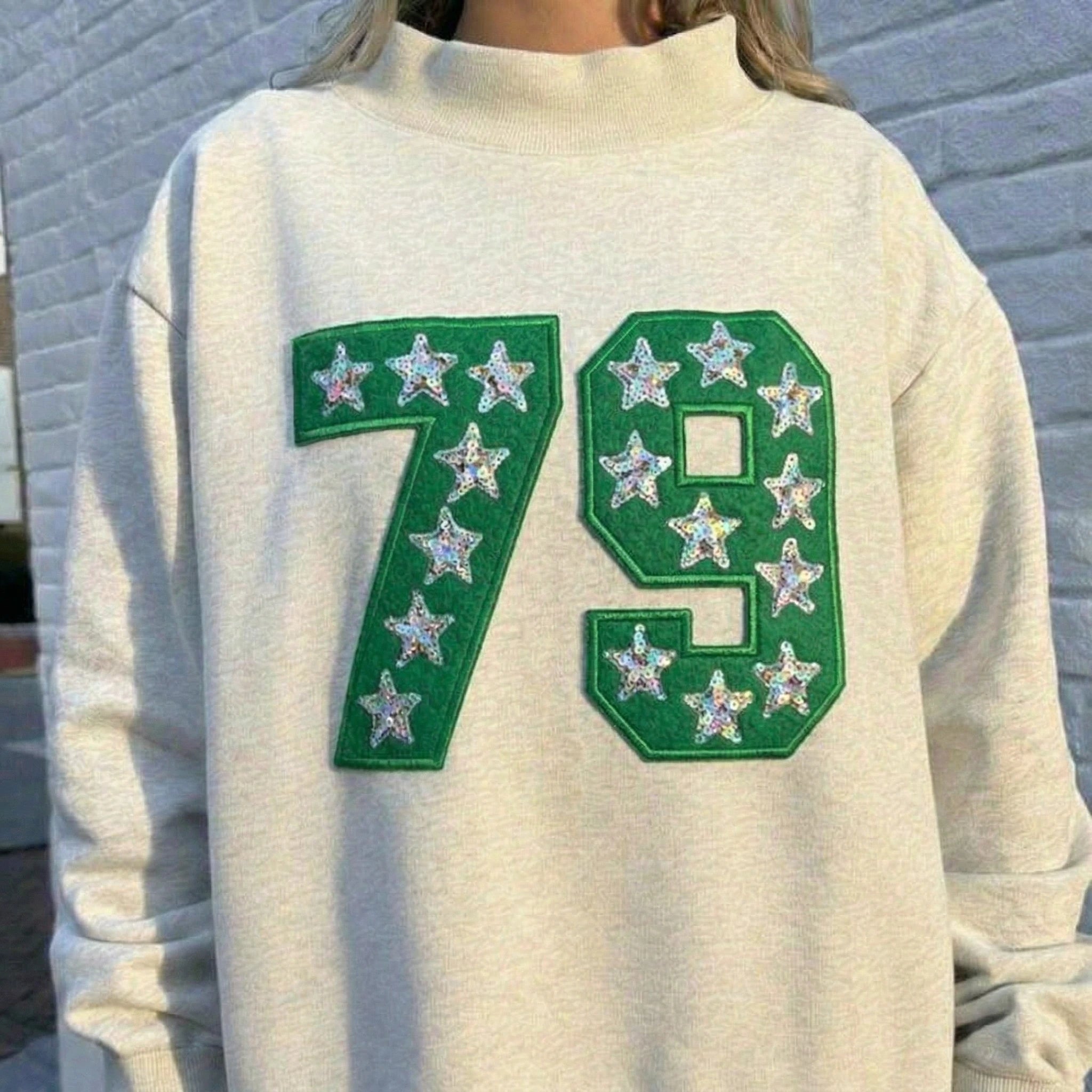  Personalized  Sequin Glitter Team Number Letters Mock Neck