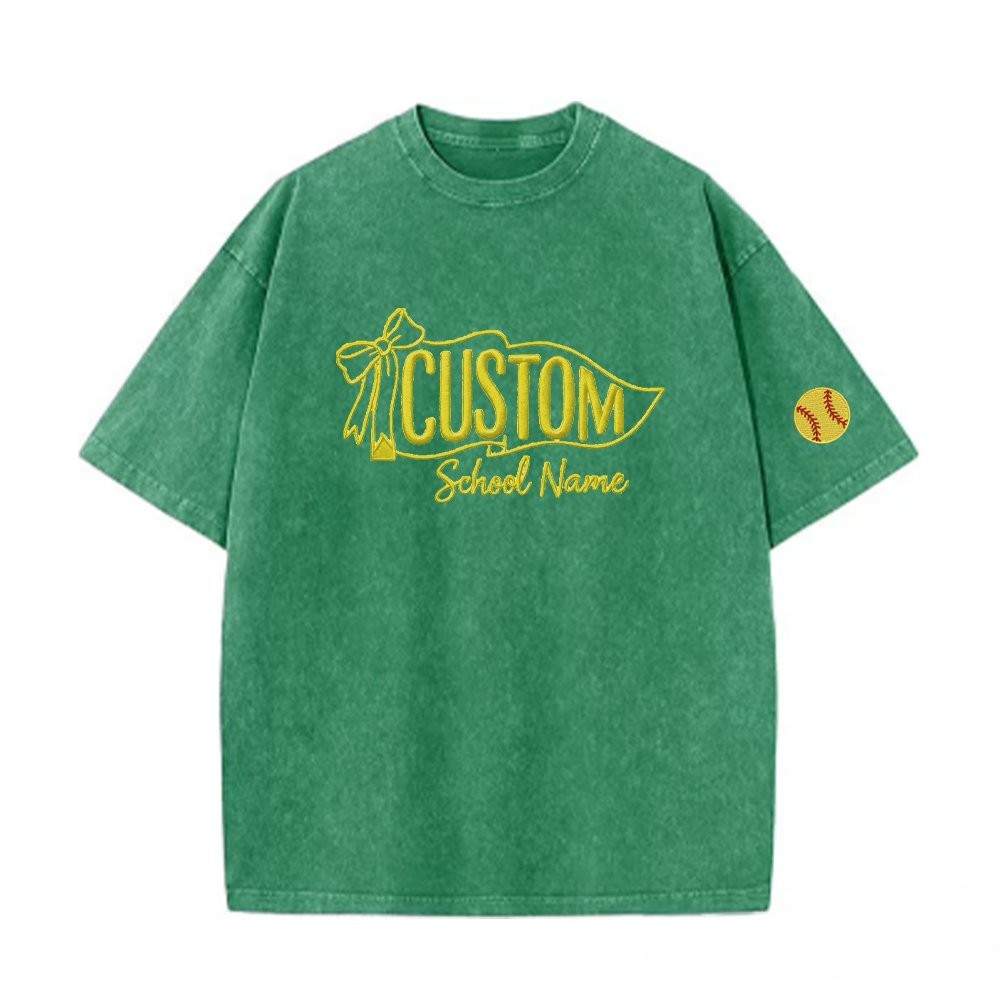 Custom Vintage Embroidered School Spirit Washed T-Shirt with Embroidered Icon on Sleeves