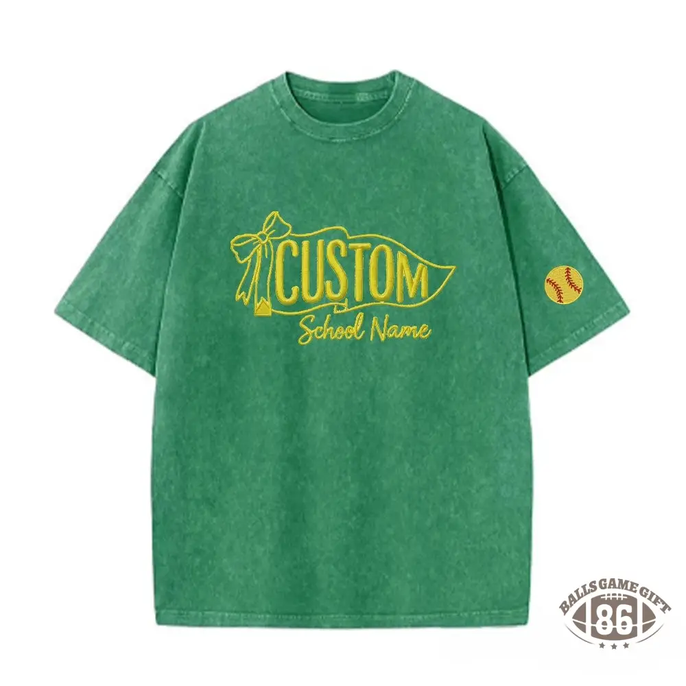 Custom Vintage Embroidered School Spirit Washed T-Shirt with Embroidered Icon on Sleeves