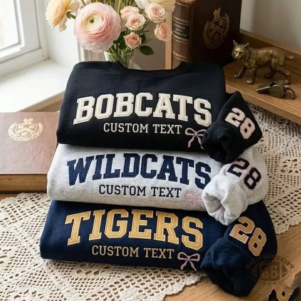 Customizable Team Name Sweatshirt, Varsity Style Embroidered Crewneck with Custom Text, Sleeve Number & Bow