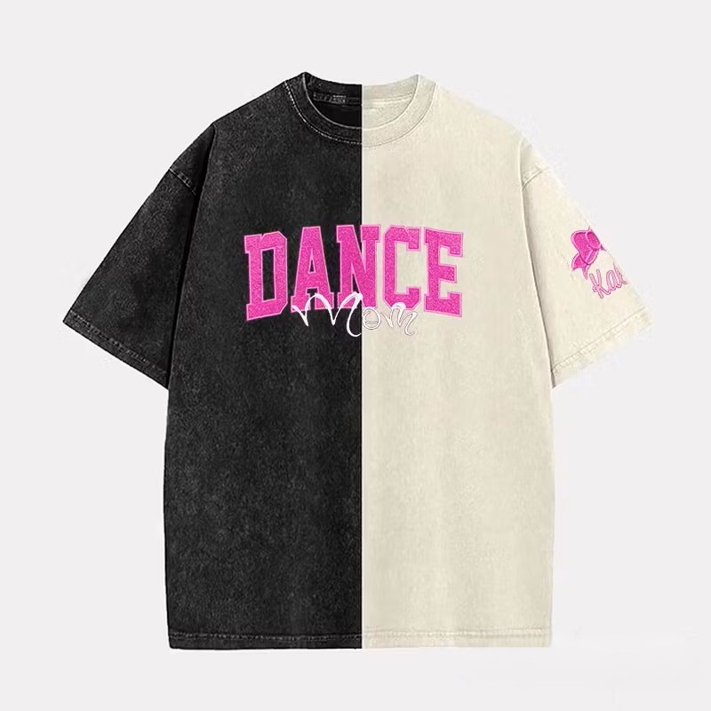  Custom Glitter Dance Embroidered Mom Two Tone Washed T-Shirt with Glitter Bow on Sleeve