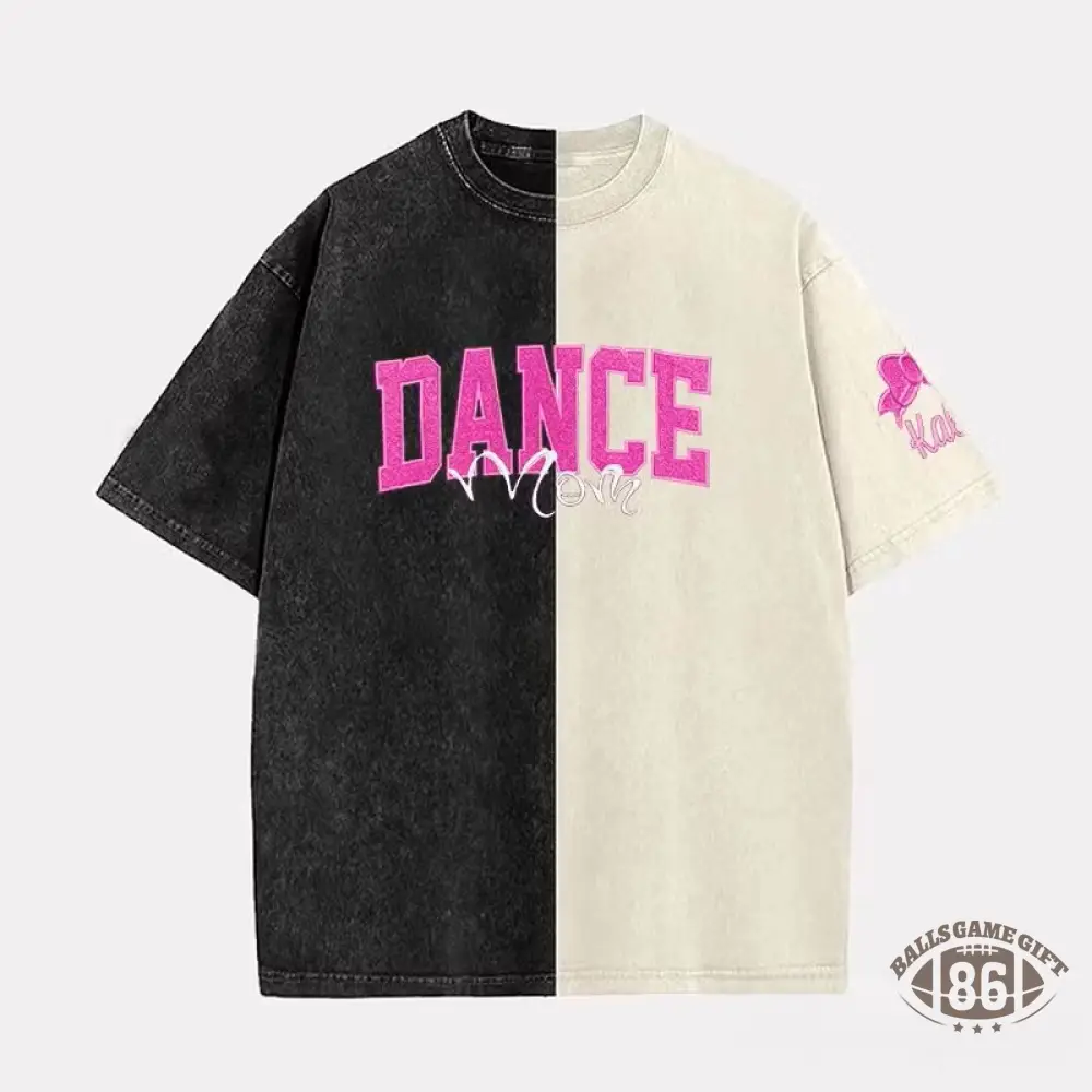  Custom Glitter Dance Embroidered Mom Two Tone Washed T-Shirt with Glitter Bow on Sleeve