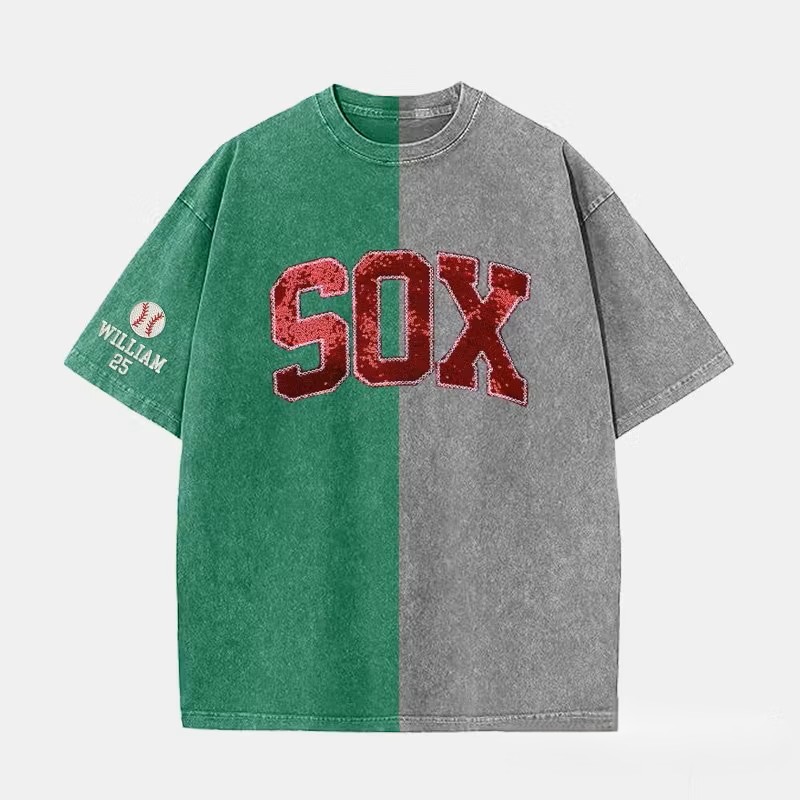 Personalized Sequin Applique Mascot Team Name Game Day Two Tone Washed T-shirt Gifts for Sports Mom