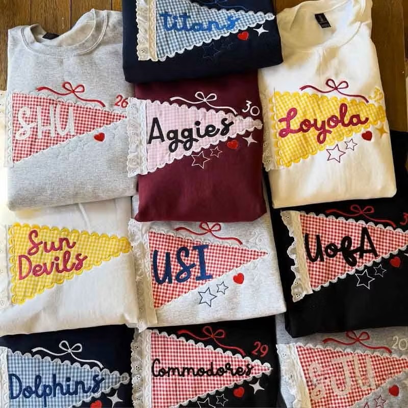 Custom Pennant Sweatshirt | Gingham Lace Applique Crewneck for Game Day Team Spirit