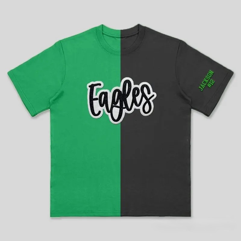 Custom Split Color Mascot Shirt Two Tone Glitter Applique Team Spirit T-Shirt
