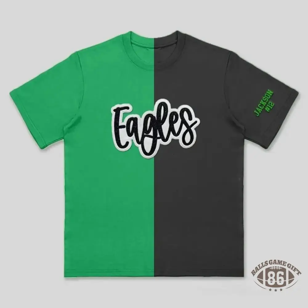 Custom Split Color Mascot Shirt Two Tone Glitter Applique Team Spirit T-Shirt