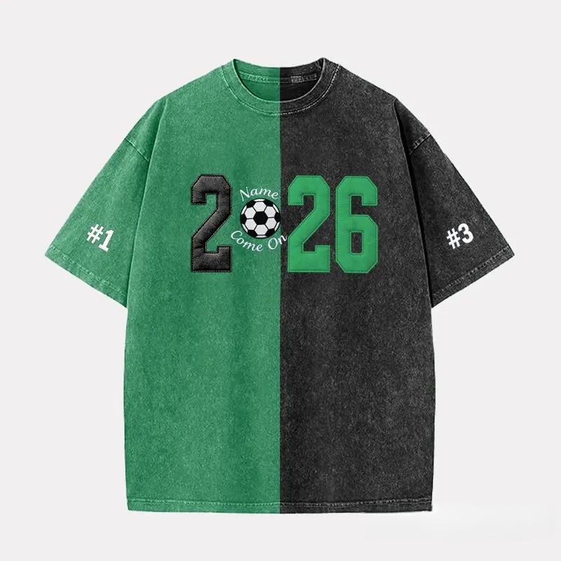 Custom Fabric Applique 2026 Soccer Embroidered Two Tone Vintage Washed T-Shirt for Cheer & Game Day ⚽✨