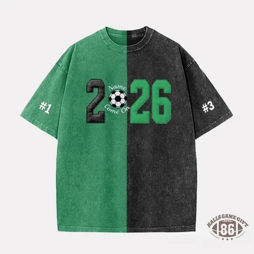Custom Fabric Applique 2026 Soccer Embroidered Two Tone Vintage Washed T-Shirt for Cheer & Game Day ⚽✨