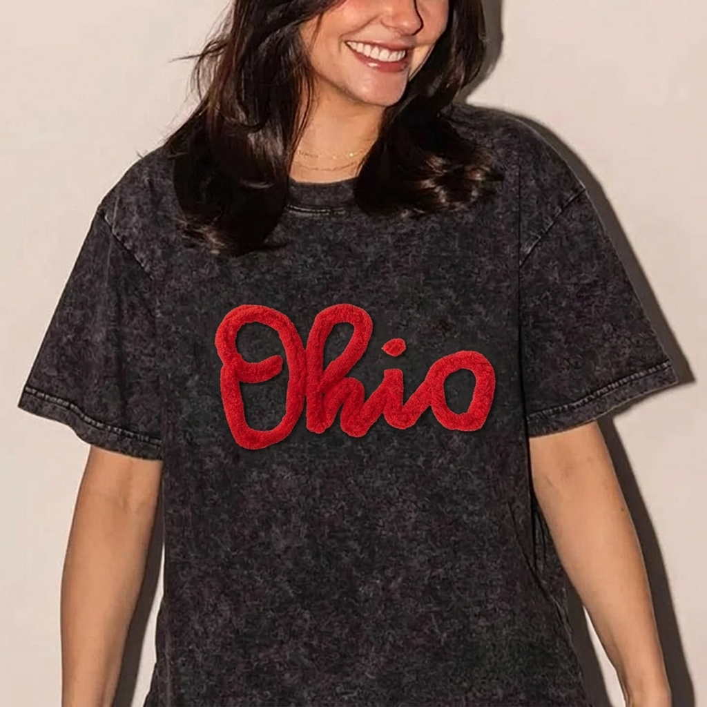 Custom College Chenille Team Name Embroidered Washed T-shirt Gifts for Sports Fans