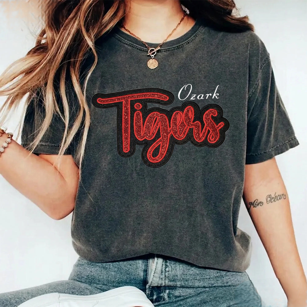 Custom Glitter Team Mascot Embroidered Washed T-shirt For Game Day Gifts for Sports Fans