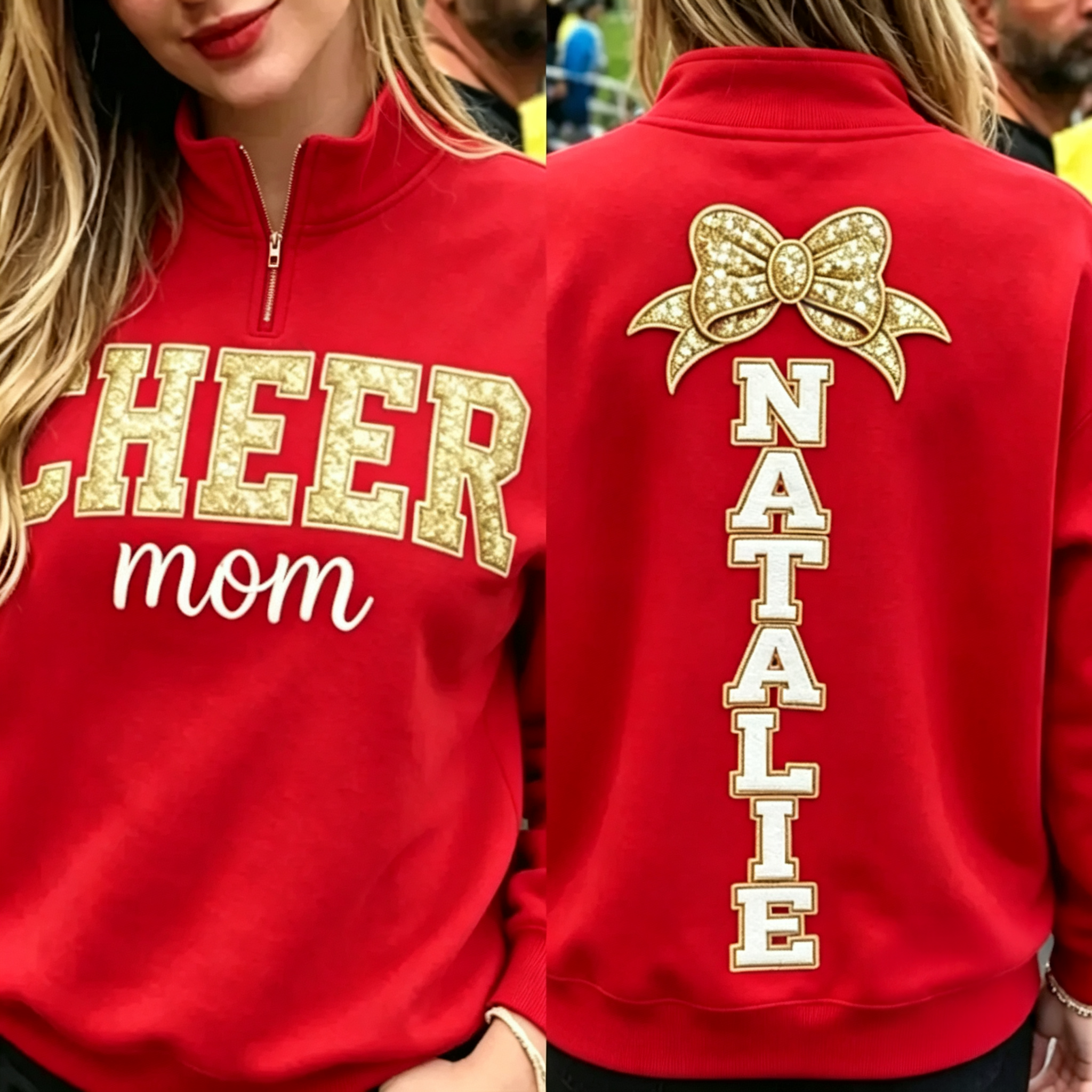 Cheer Mom Quarter Zip Sweatshirt, Custom Name Sequin Bow Gift for Cheer Mom Game Day Outfit