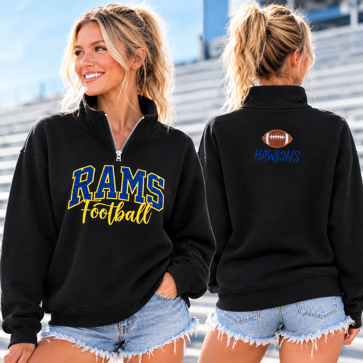 Custom Glitter Football Game Day Quarter Zip | Personalized Front Team Name Back Name Pullover