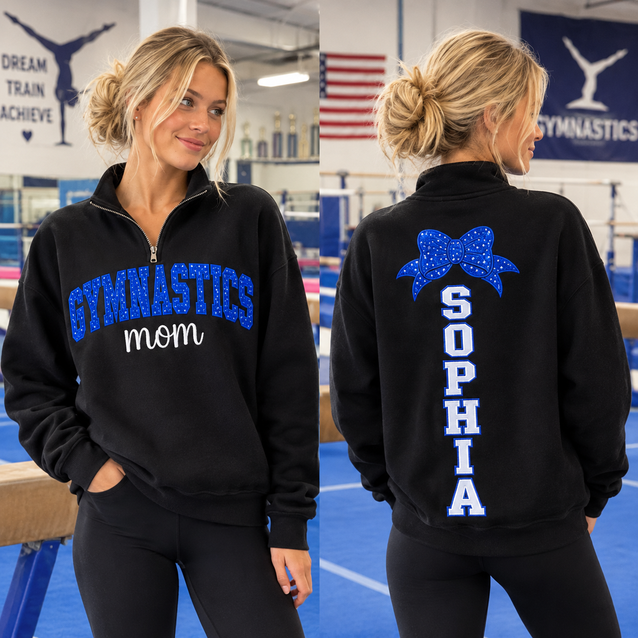 Personalized Gymnastics Mom Quarter Zip Sweatshirt | Custom Name Bow Embroidered Pullover