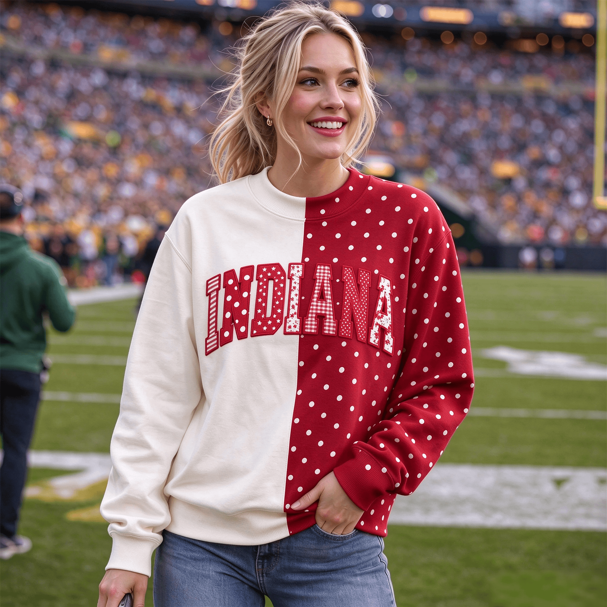 Split Polka Dot Game Day Varsity Embroidered Sweatshirt | Half & Half Colorblock Fan Pullover