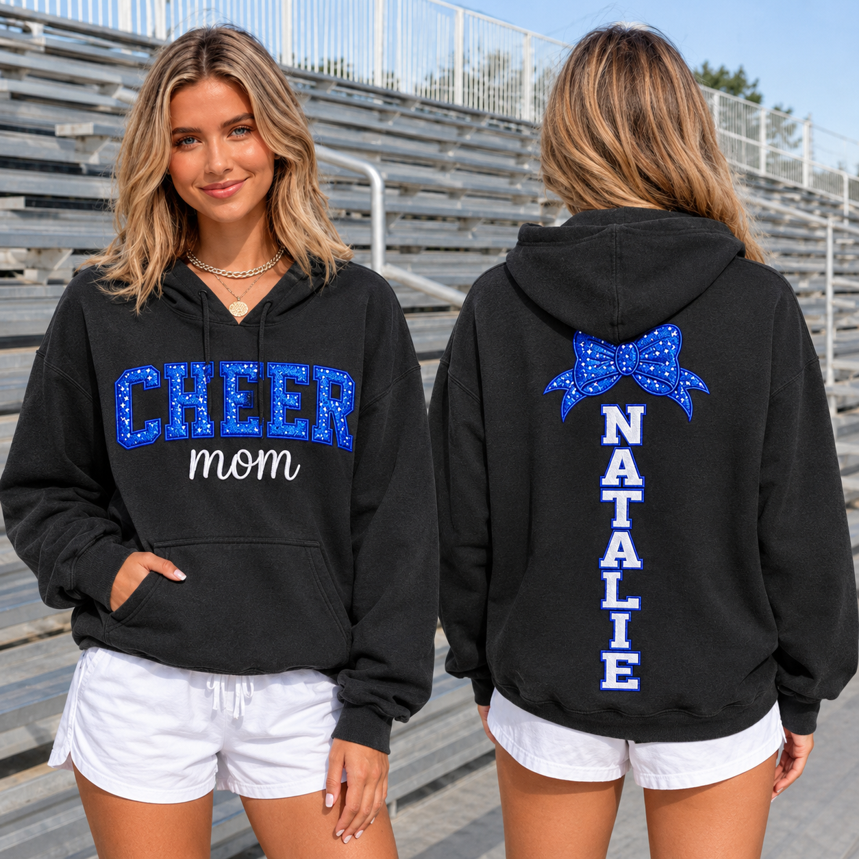 Personalized Cheer Mom Hoodie with Sequin Bow & Custom Name, Game Day Mom Gift