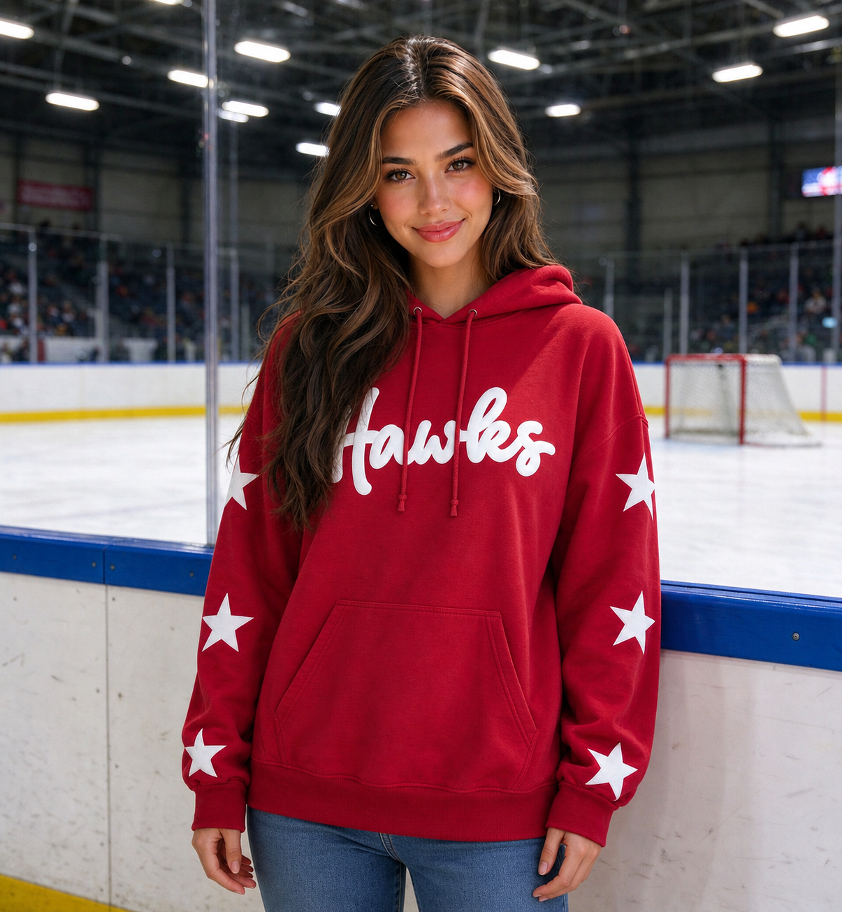 American Hockey Fan Hoodie, Handwritten Puff Print Stars, Long Sleeve Game Day Pullover, Unique Sporty Style