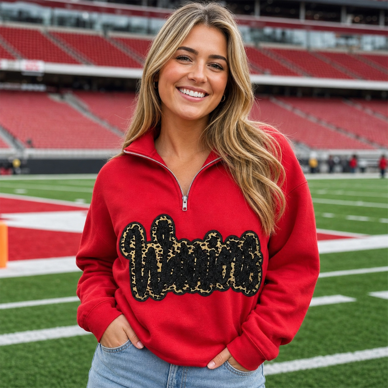 Custom Leopard Print & Plaid Sparkle Game Day Sweatshirt, Varsity Football Quarter Zip Pullover