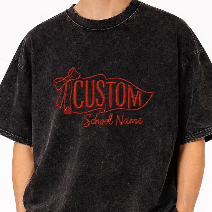 Custom Vintage Embroidered School Spirit Washed T-Shirt with Embroidered Icon on Sleeves