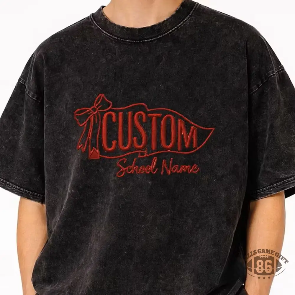 Custom Vintage Embroidered School Spirit Washed T-Shirt with Embroidered Icon on Sleeves