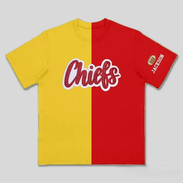 Custom Split Color Mascot Shirt Two Tone Glitter Applique Team Spirit T-Shirt