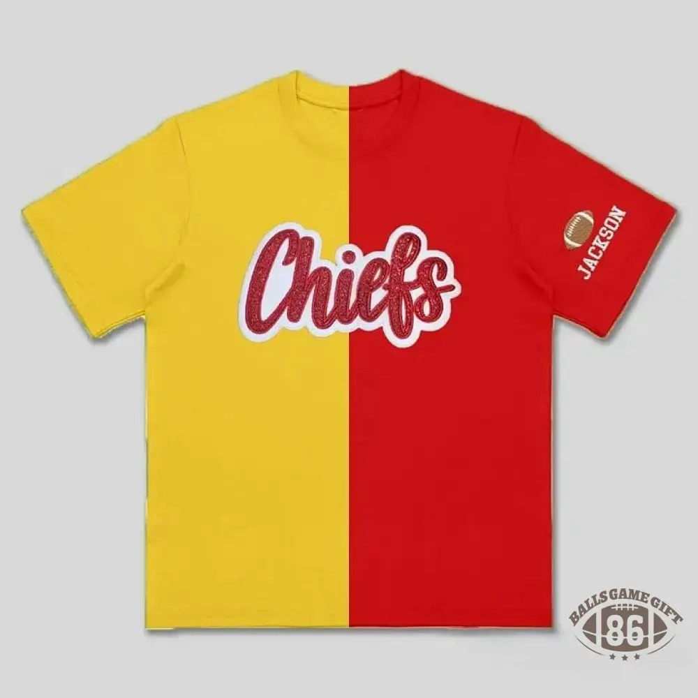 Custom Split Color Mascot Shirt Two Tone Glitter Applique Team Spirit T-Shirt