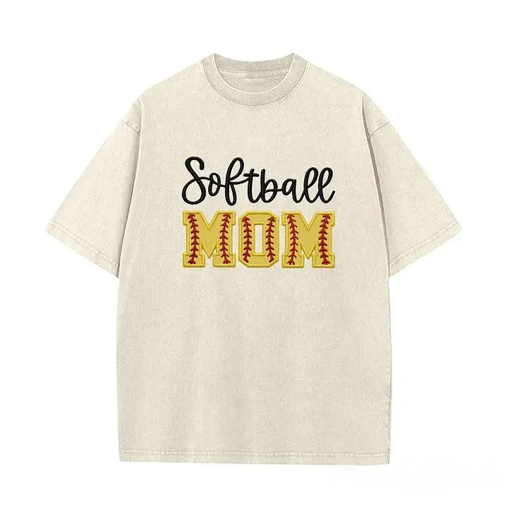 Softball DAD or MOM Applique Embroidery Personalized Washed T-Shirt