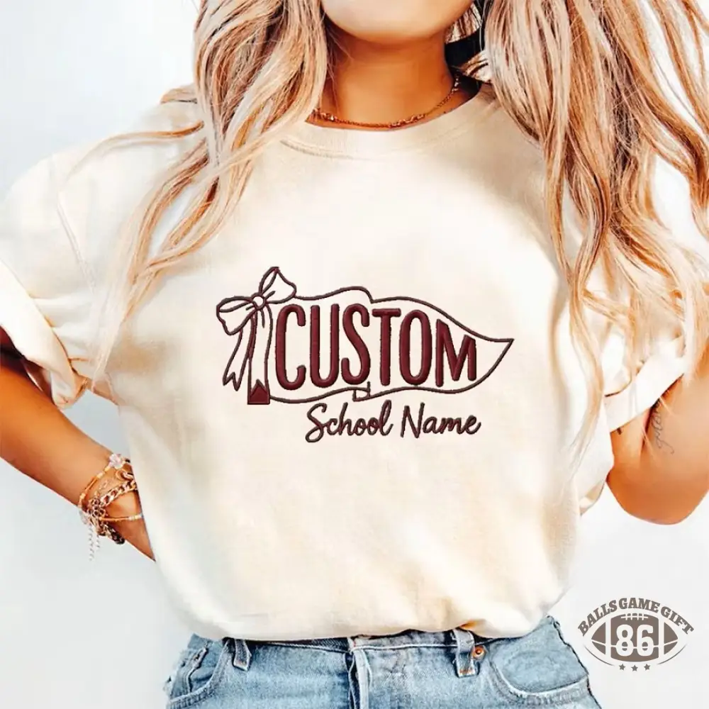 Custom Vintage Embroidered School Spirit Washed T-Shirt with Embroidered Icon on Sleeves