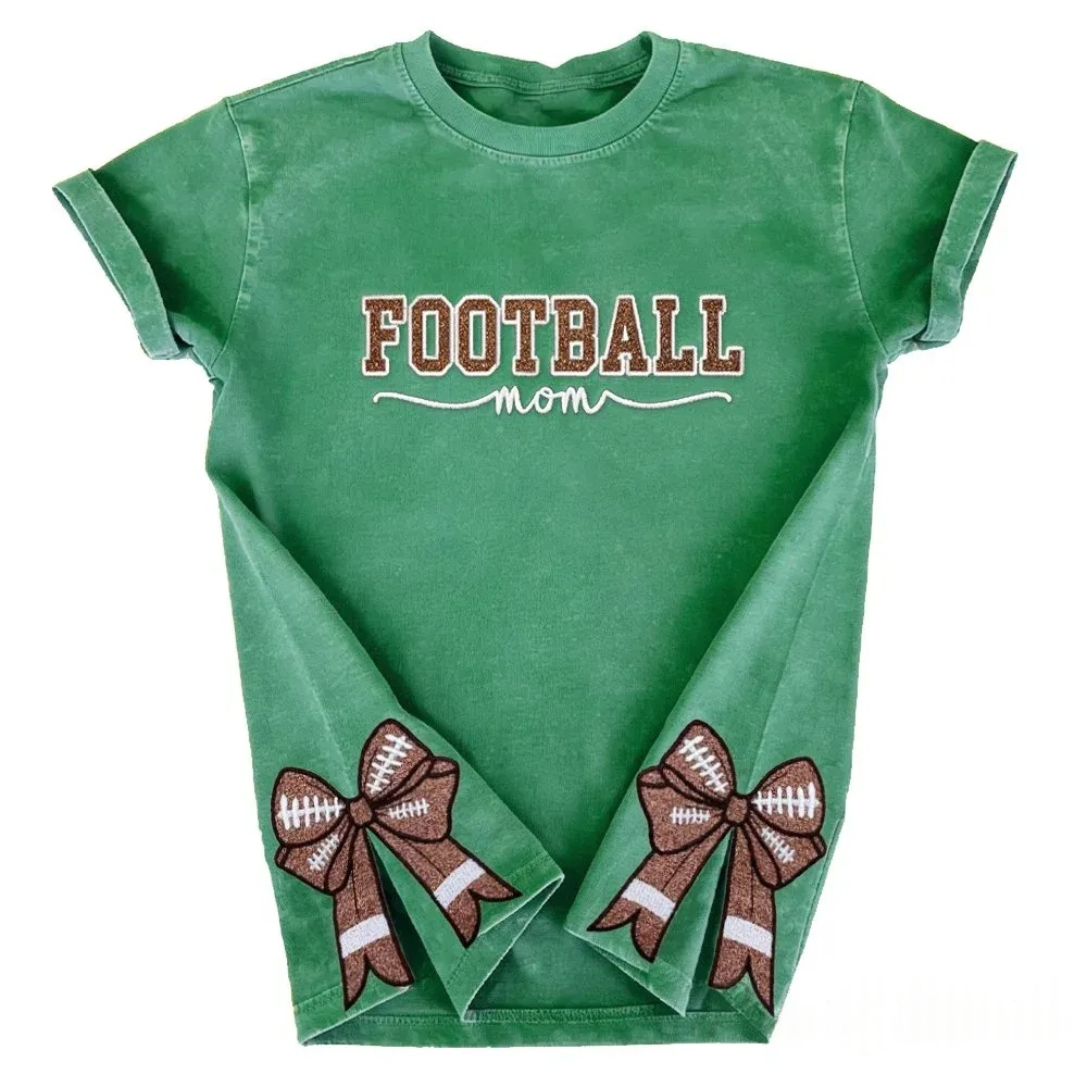 Glitter Embroidered Football Mom Proud Sport Mom Washed T-Shirt