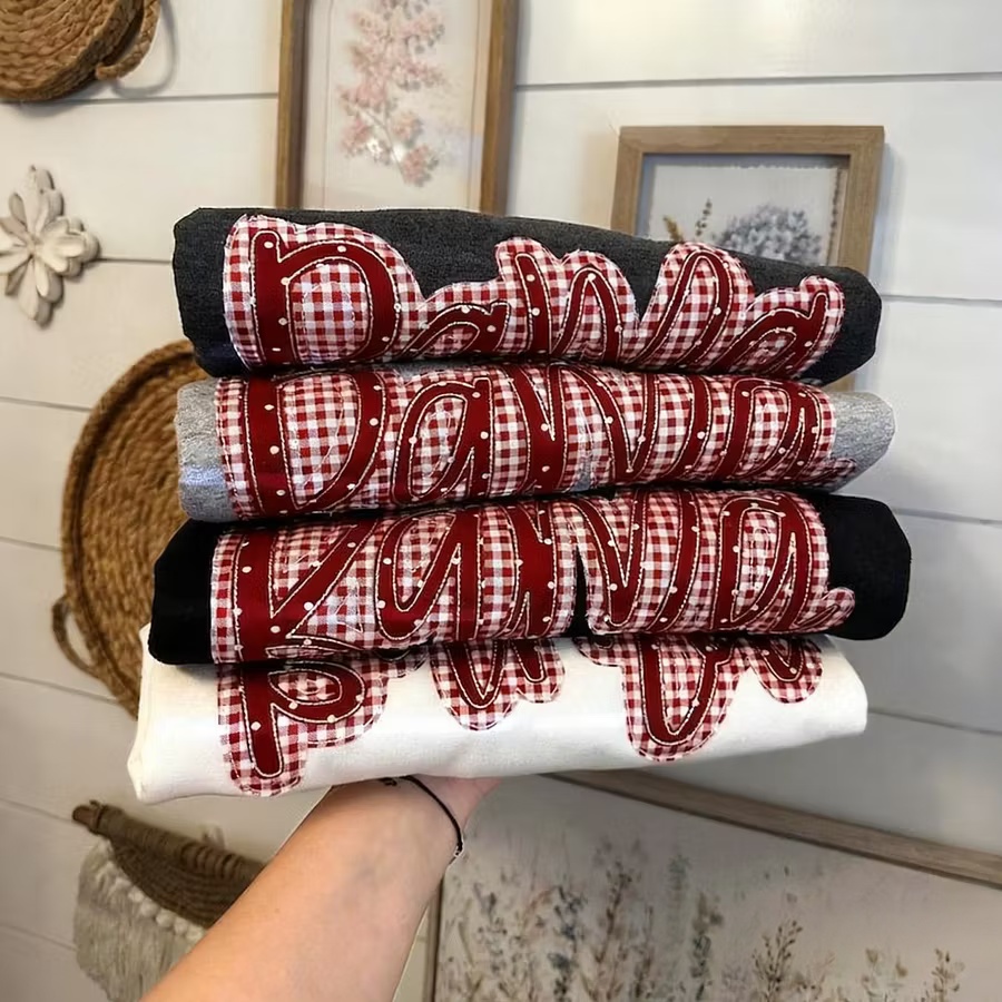 Women’s Dawgs Red Gingham Patchwork Crewneck Sweatshirt, Vintage Collegiate Loose Grey Top