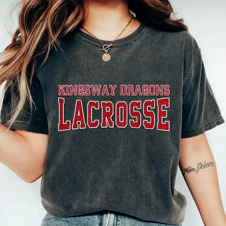 Custom Glitter Embroidered Lacrosse Washed T-shirt with School Name Team Spirit Shirt