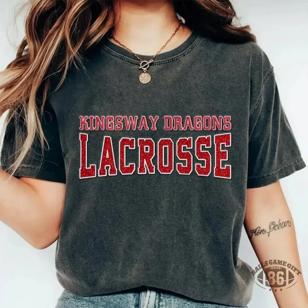 Custom Glitter Embroidered Lacrosse Washed T-shirt with School Name Team Spirit Shirt