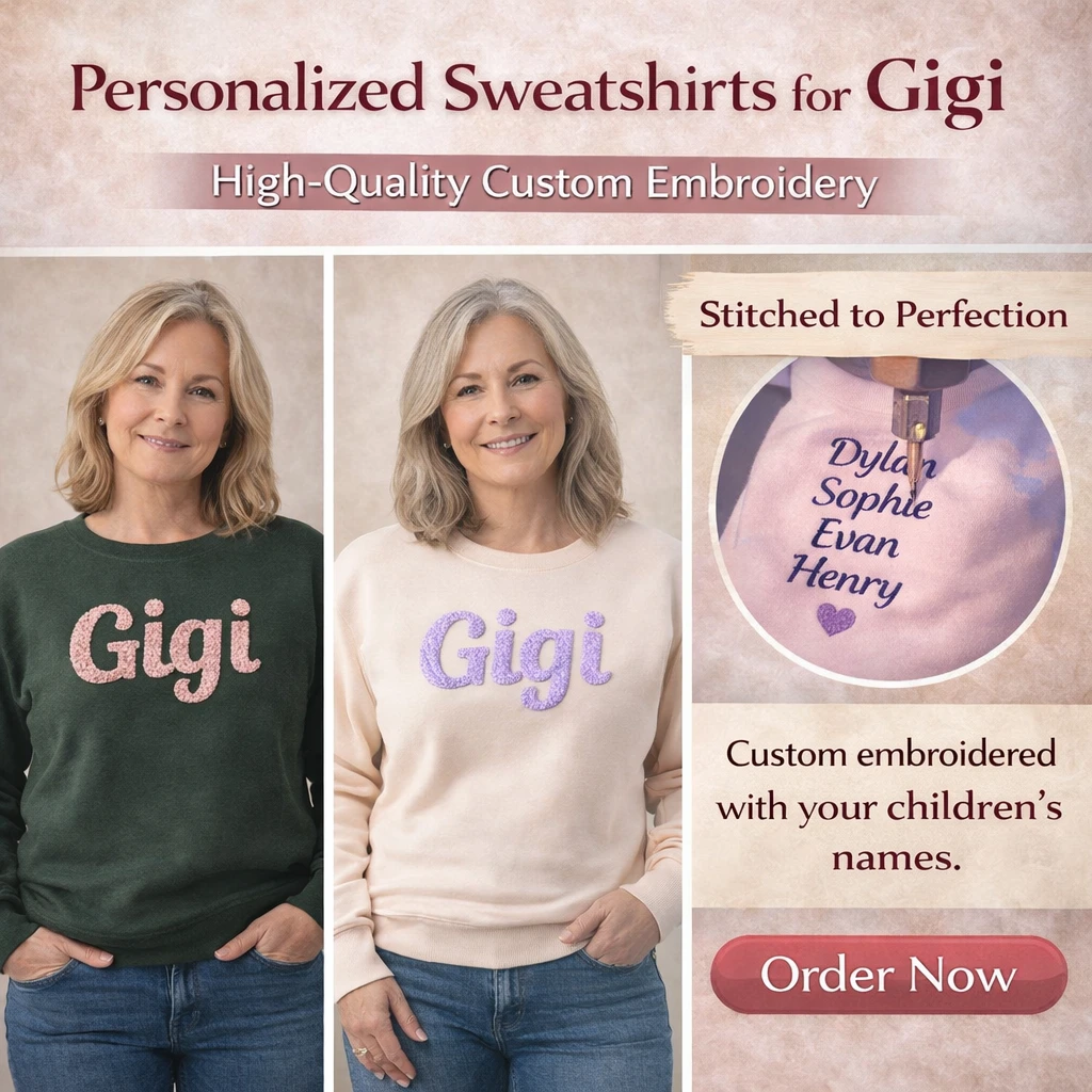 Custom Chenille Yarn Embroidered Mama Sweatshirt with Kids Names on Sleeve Mother’s Day Gift