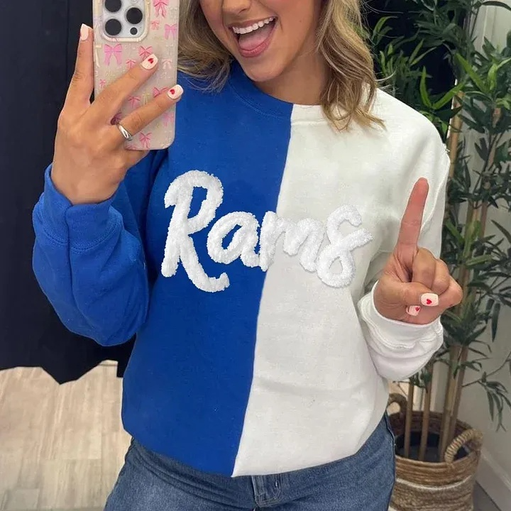 Personalized Chenille Yarn Embroidered Two Tone Sweatshirt School Mascot Split Sweatshirt