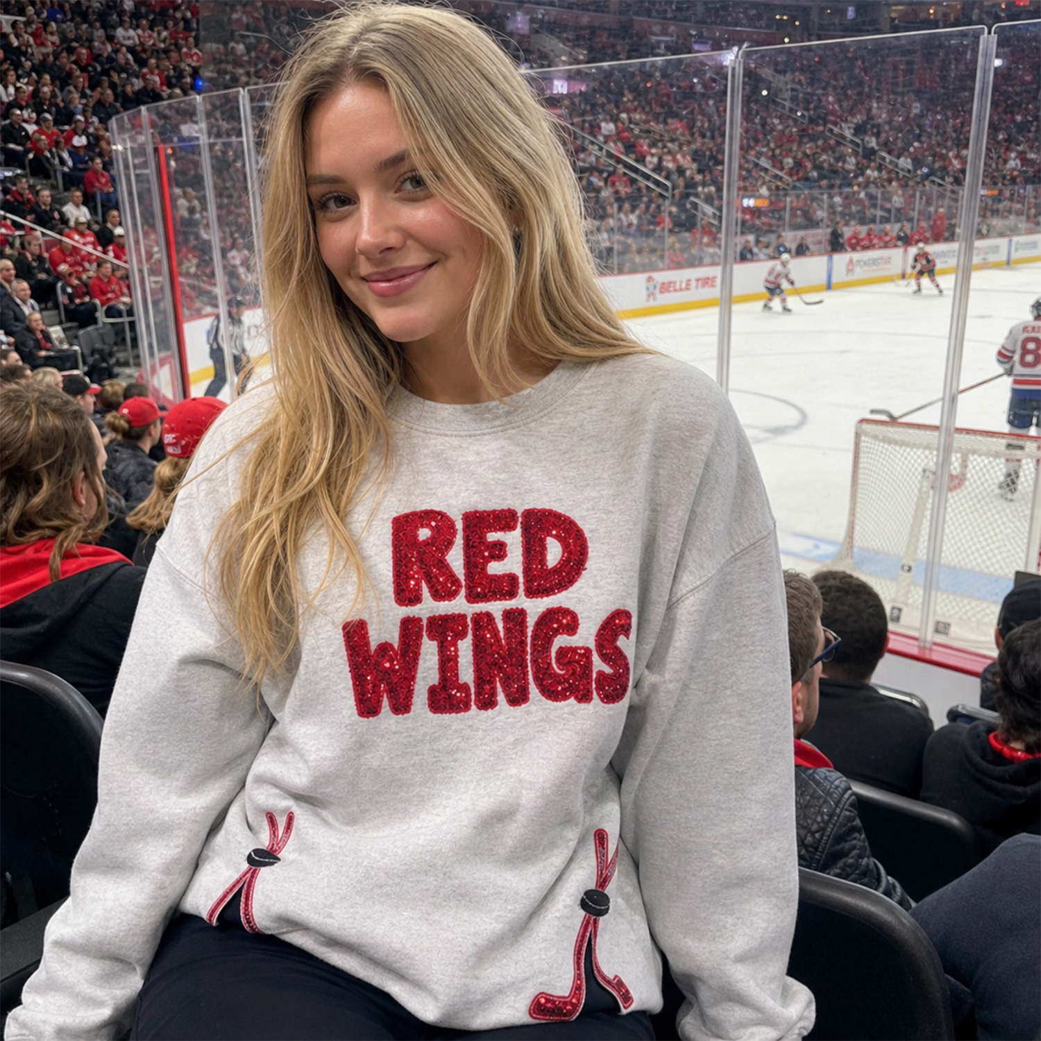 Custom Hockey Game Day Sequin Letter Sweatshirt | Hockey Lace Side Hem Crewneck Hoodie