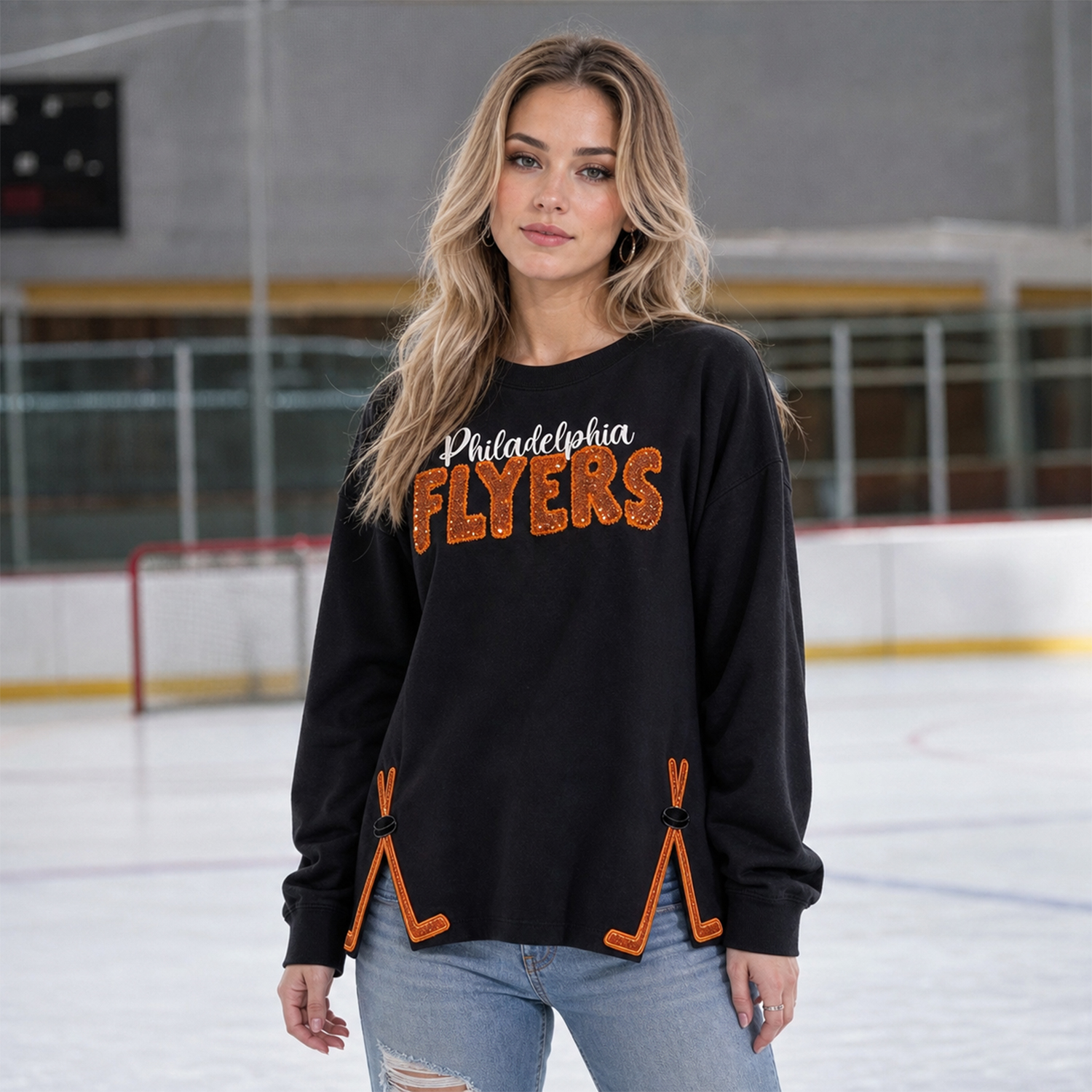 Ice Hockey Game Day Crewneck , Sequin Team Name Top with Hockey Sticks on Side Hem, Multiple NHL Team Options