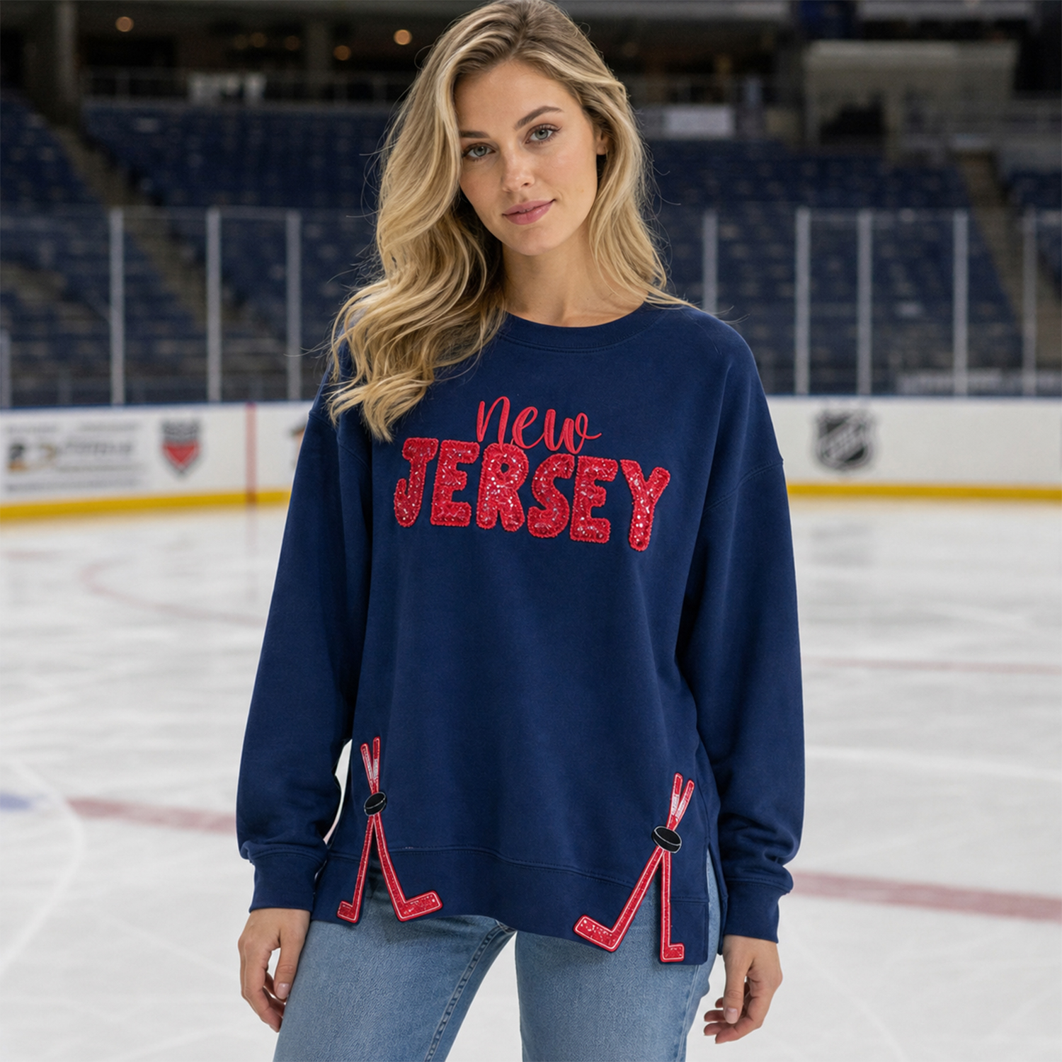 Ice Hockey Game Day Crewneck , Sequin Team Name Top with Hockey Sticks on Side Hem, Multiple NHL Team Options