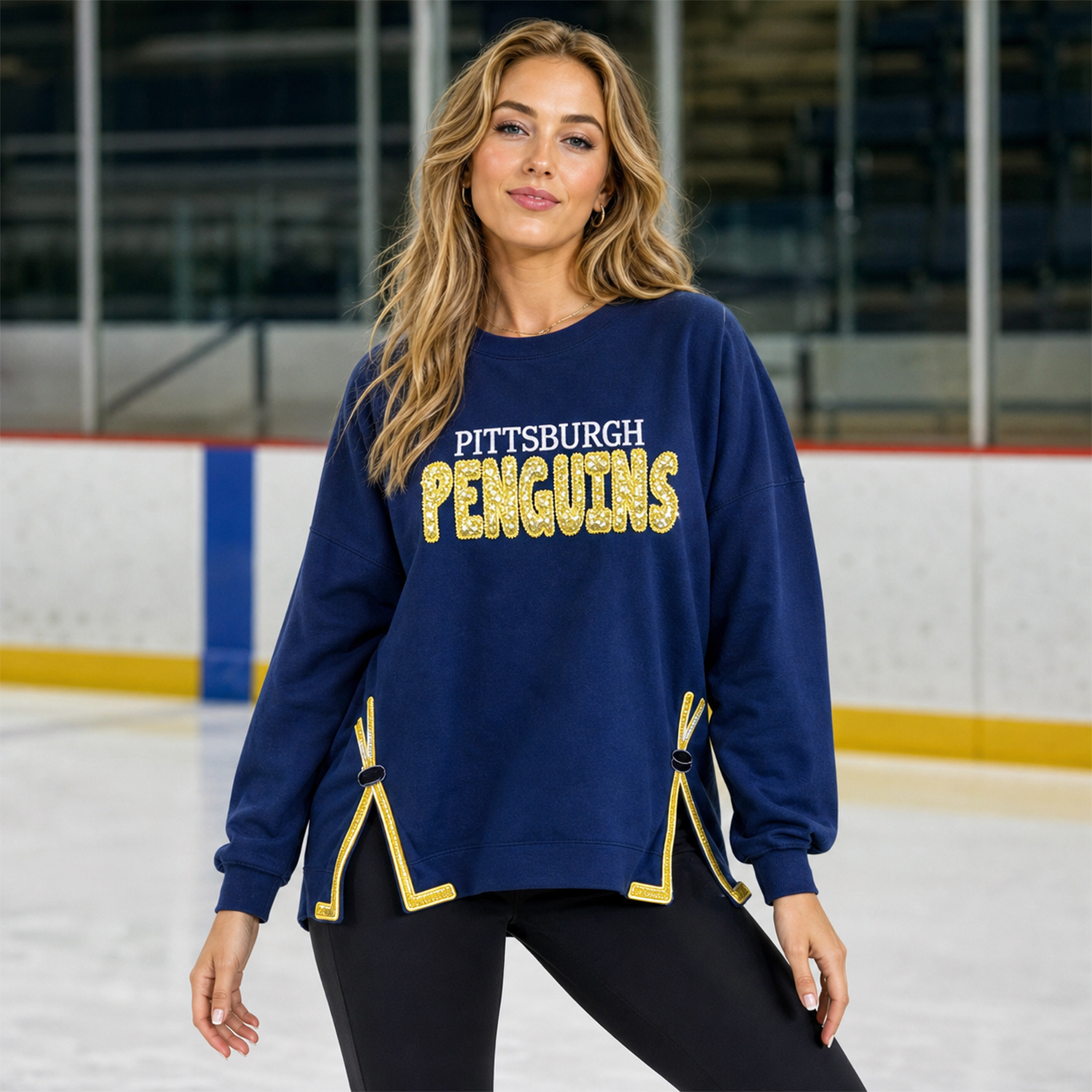 Ice Hockey Game Day Crewneck , Sequin Team Name Top with Hockey Sticks on Side Hem, Multiple NHL Team Options