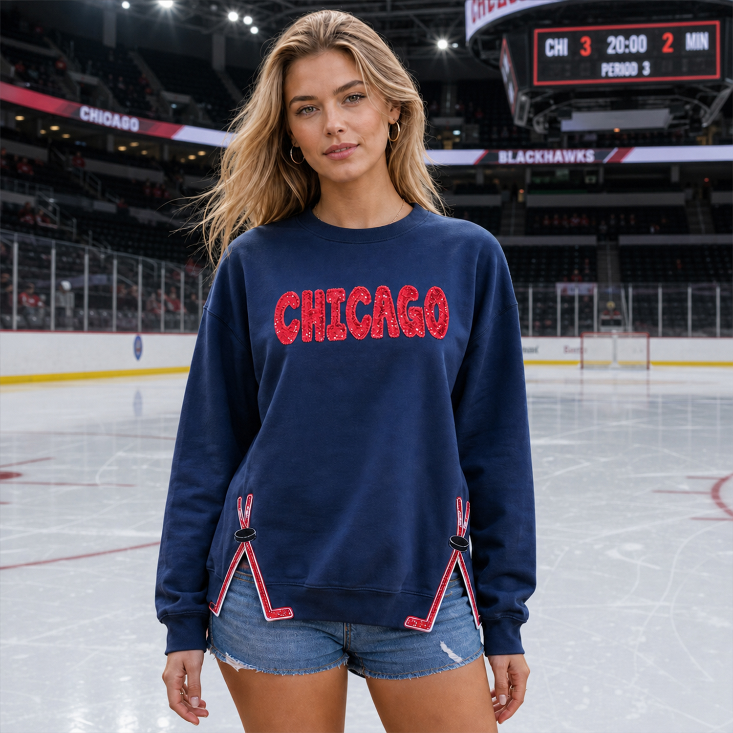 Hockey Fan Crewneck Sweatshirt &  T-shirt, Sequin Varsity Team Name, Glitter Hockey Stick Detail on Side Hem