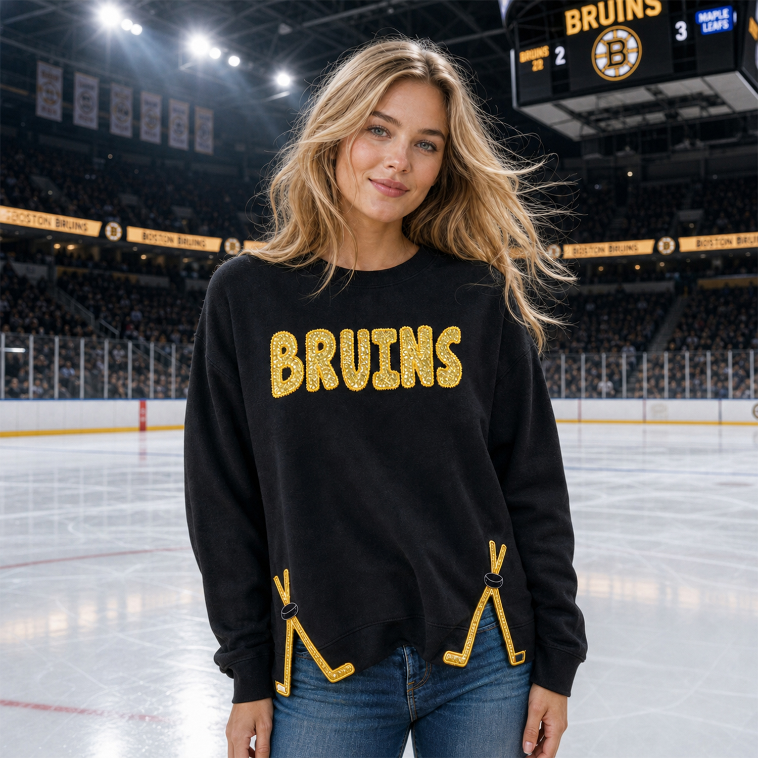 Hockey Fan Crewneck Sweatshirt &  T-shirt, Sequin Varsity Team Name, Glitter Hockey Stick Detail on Side Hem