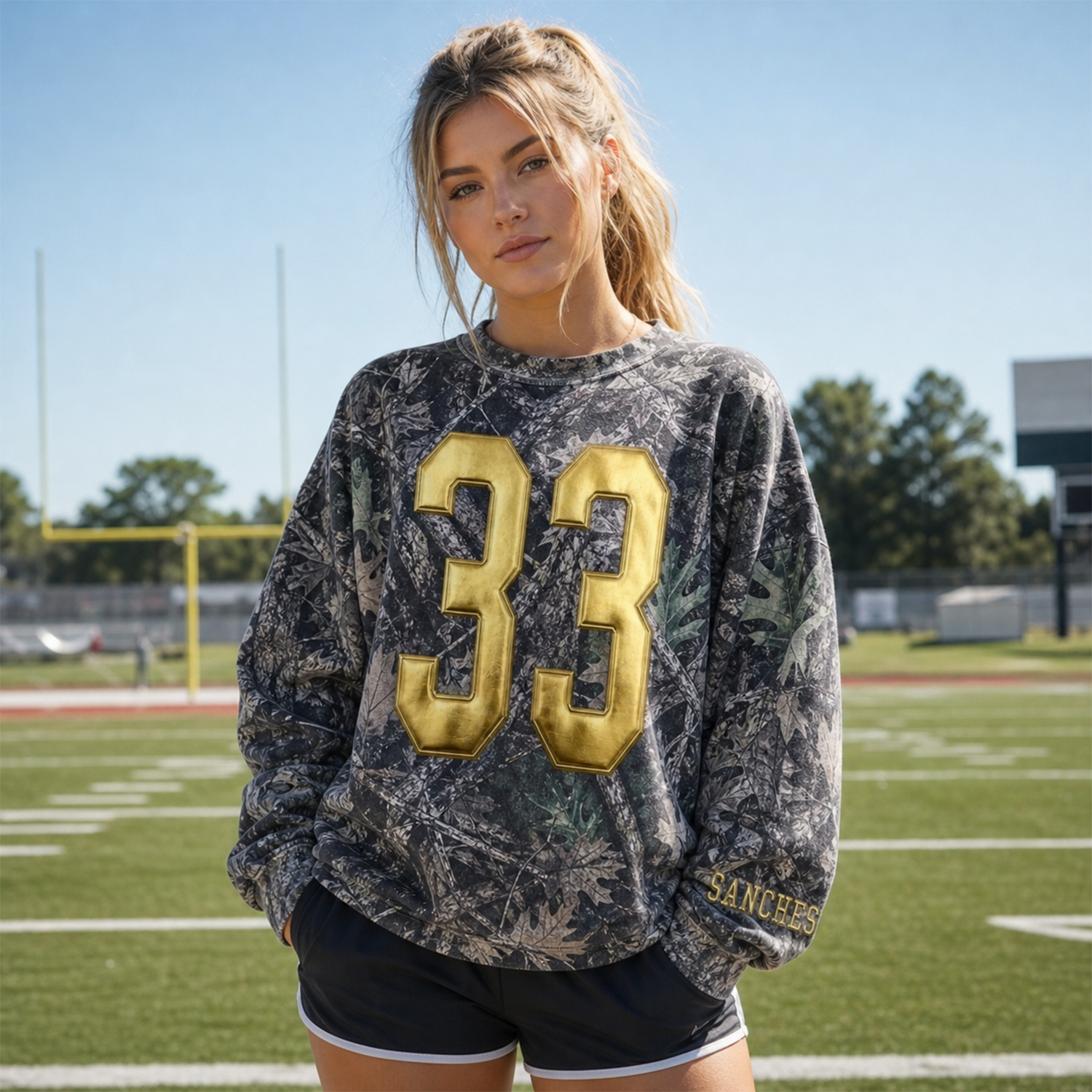 Oversized Metallic Gold Puff Raised Print Sports Jersey Number Pullover, Game Day Fan Apparel