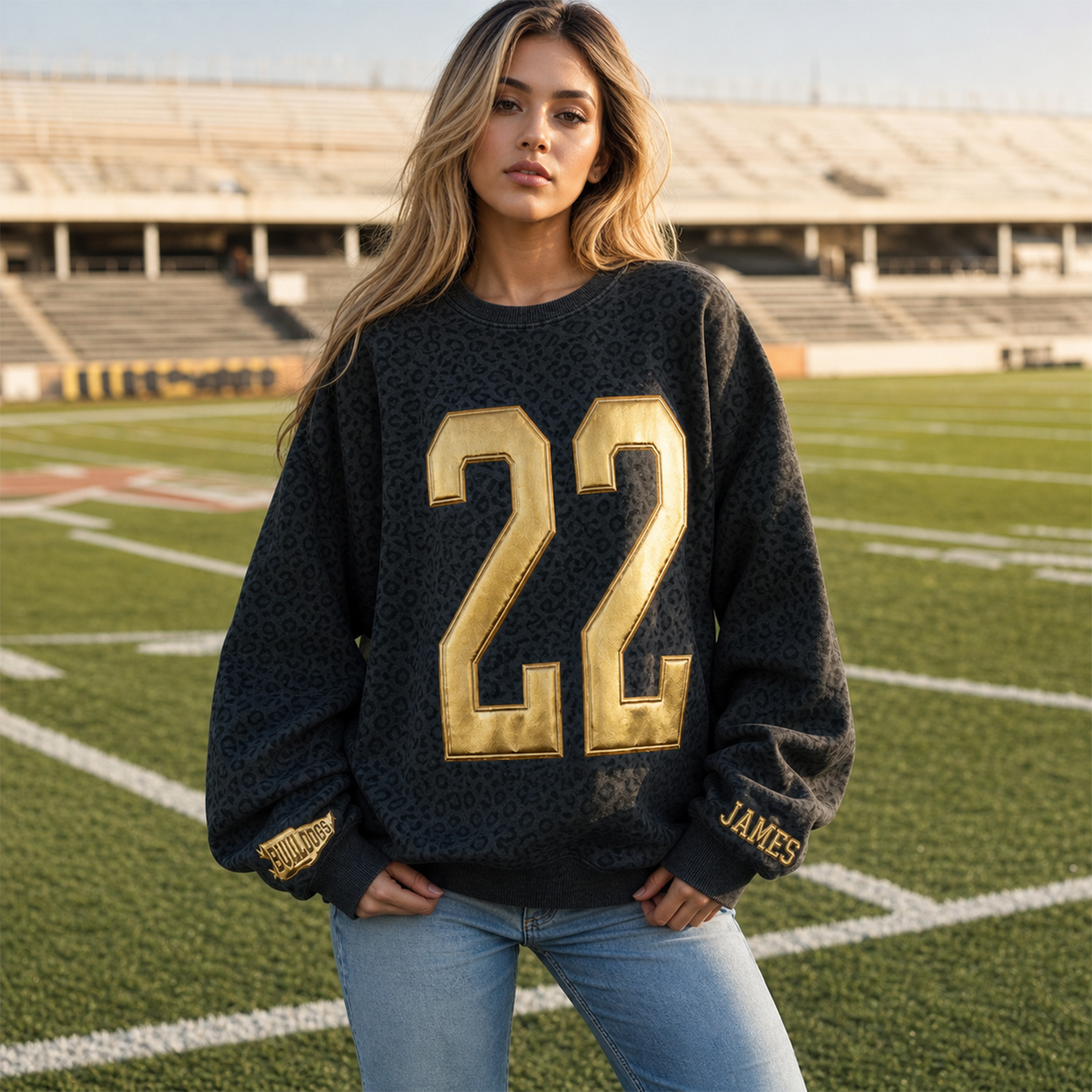 Oversized Metallic Gold Puff Raised Print Sports Jersey Number Pullover, Game Day Fan Apparel