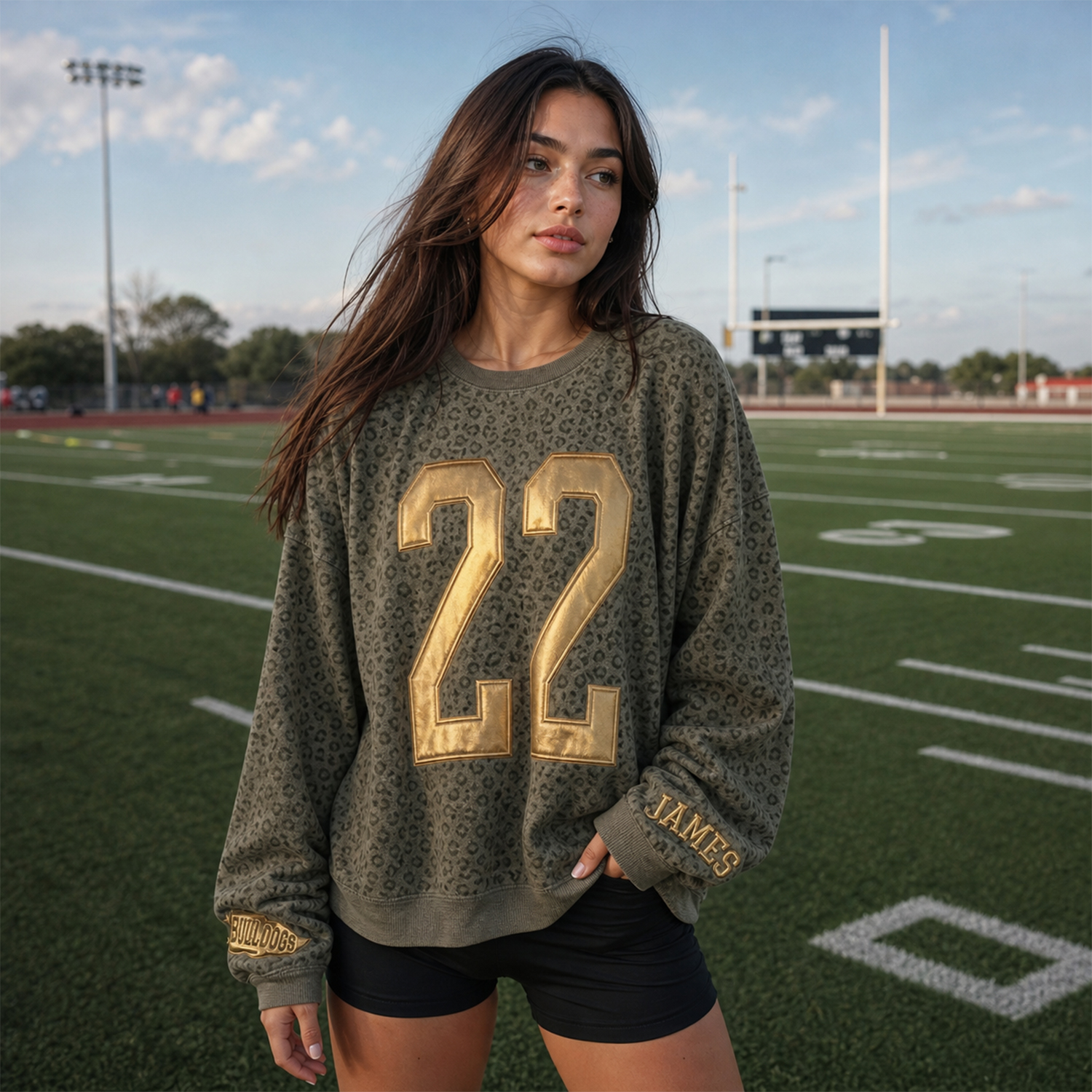 Oversized Metallic Gold Puff Raised Print Sports Jersey Number Pullover, Game Day Fan Apparel