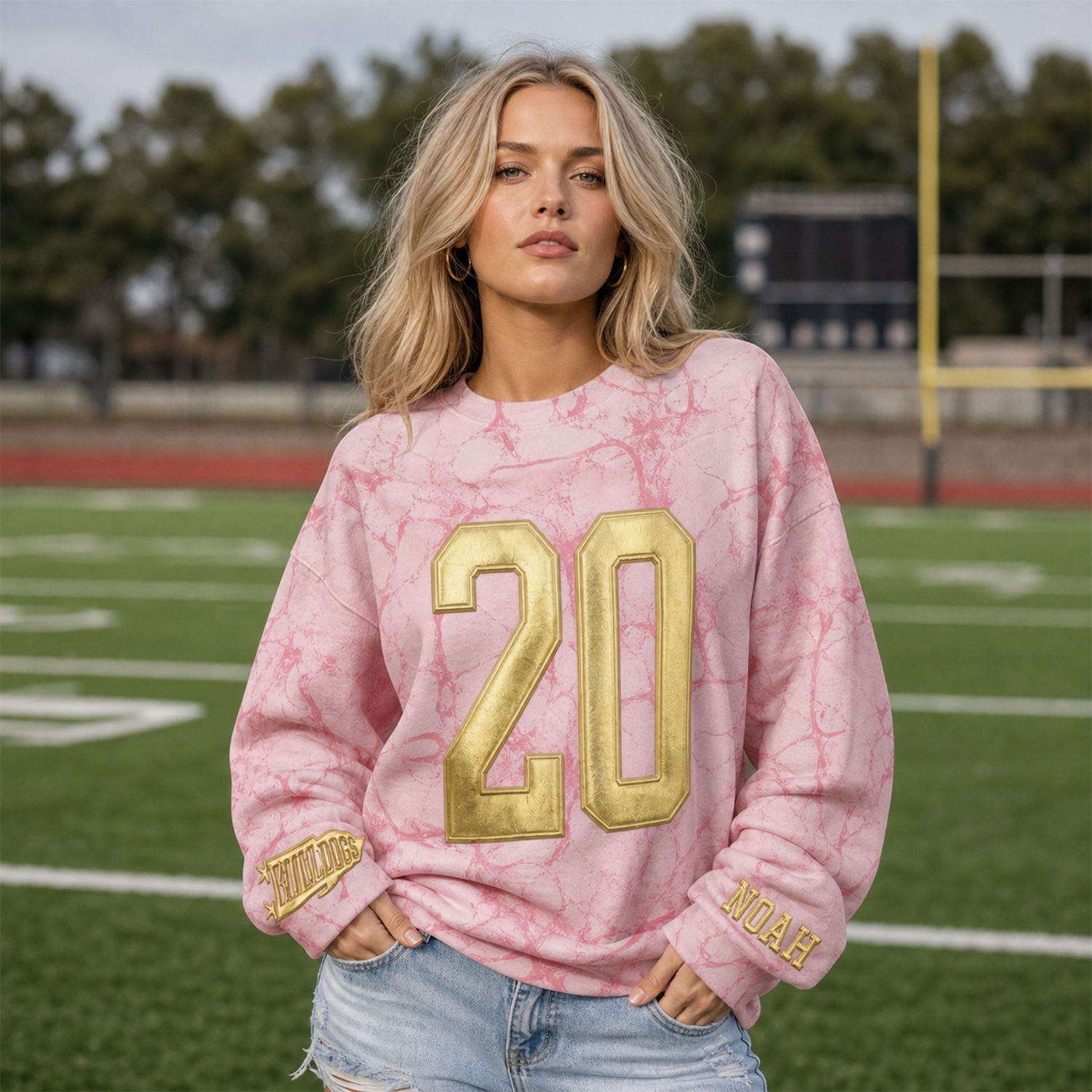 Oversized Metallic Gold Puff Raised Print Sports Jersey Number Pullover, Game Day Fan Apparel