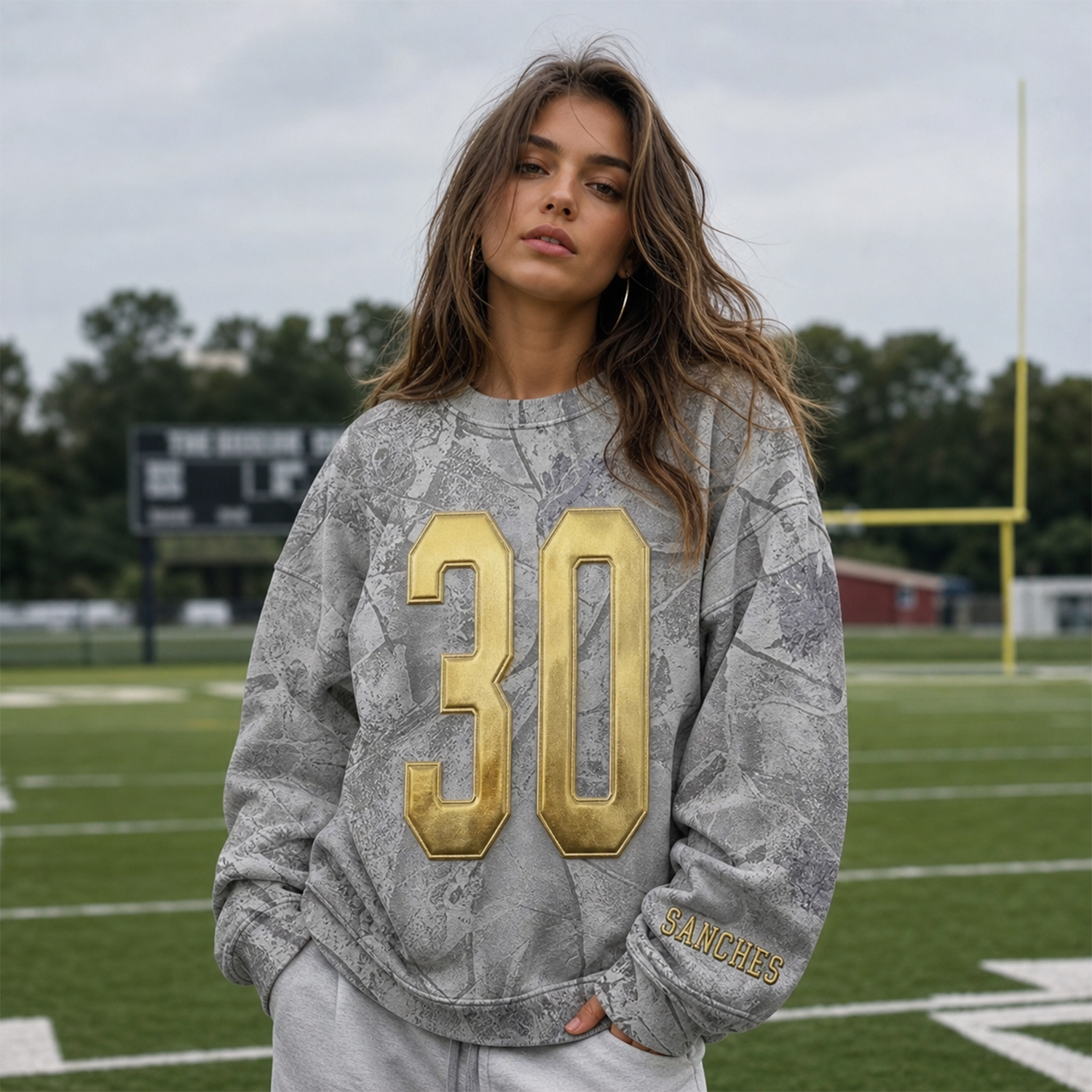 Oversized Metallic Gold Puff Raised Print Sports Jersey Number Pullover, Game Day Fan Apparel