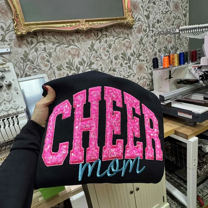 Custom CHEER MAMA Sweatshirt – Personalized Glitter Letters, Vintage Style, Camo Tee