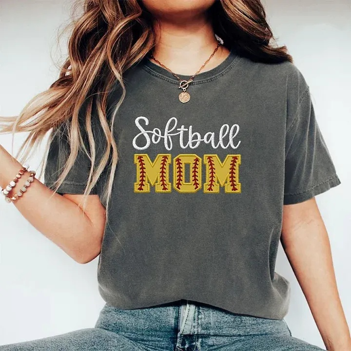 Softball DAD or MOM Applique Embroidery Personalized Washed T-Shirt