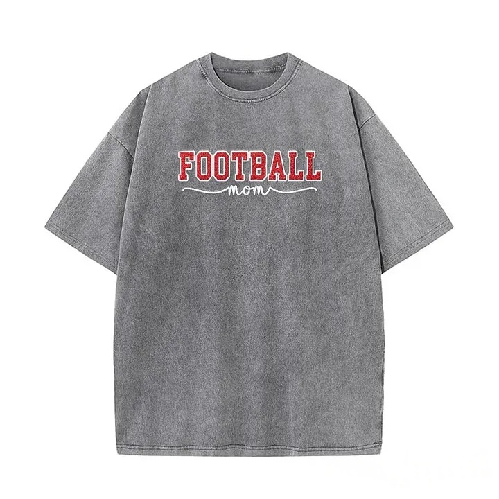 Glitter Embroidered Football Mom Proud Sport Mom Washed T-Shirt